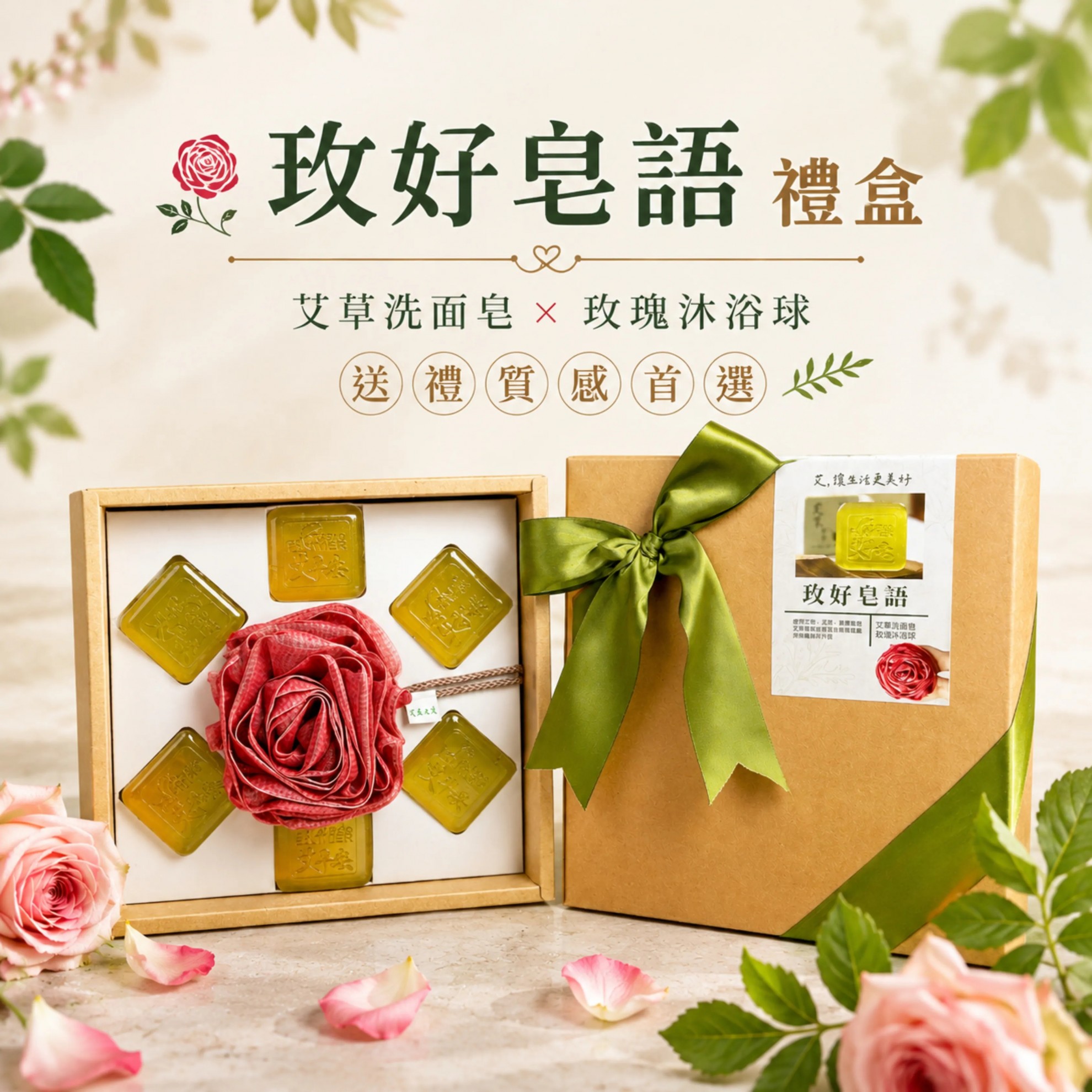 【玫好皂語】禮盒 艾草洗面皂x6 + 玫瑰沐浴球