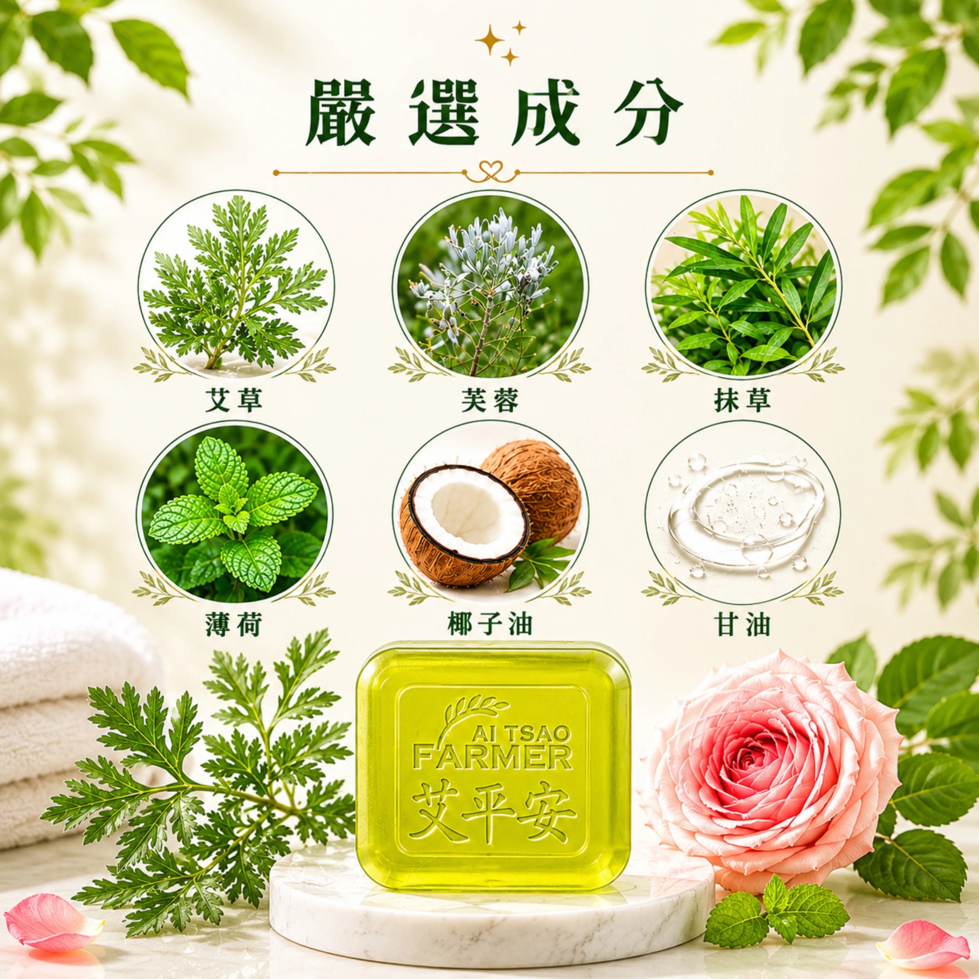 【玫好皂語】禮盒 艾草洗面皂x6 + 玫瑰沐浴球