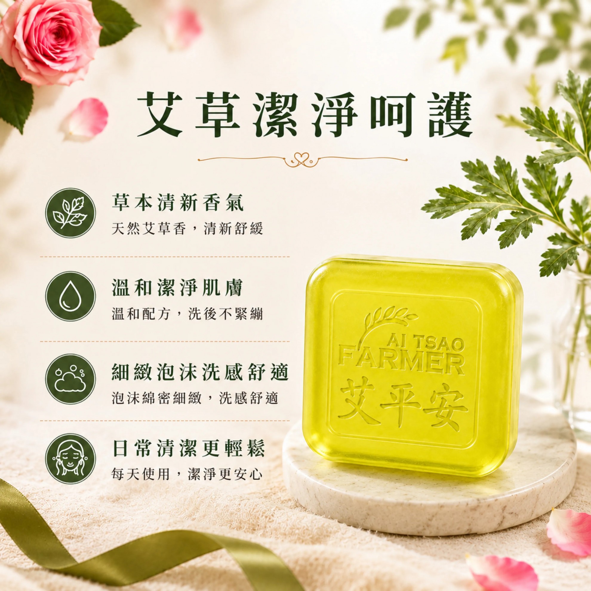 【玫好皂語】禮盒 艾草洗面皂x6 + 玫瑰沐浴球